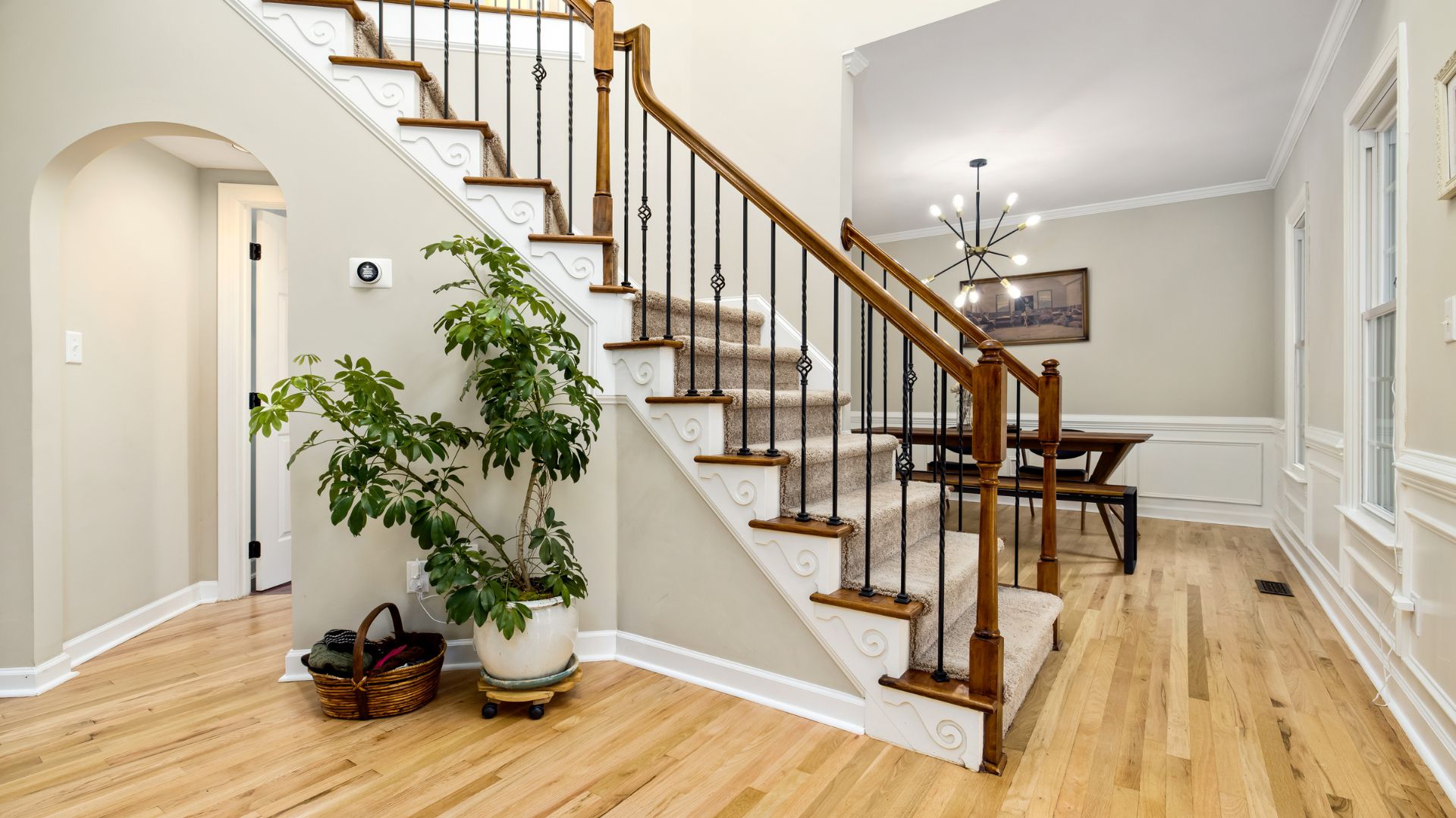 Elegant wooden staircase with white walls, carpet runner, and potted plant